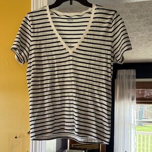 Madewell White and Navy Striped V-Neck Tee